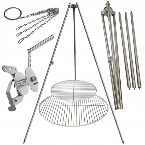  Gartengrill Dreibein 225cm Edelstahl 2 Roste 50 und 70cm Haspel Seil