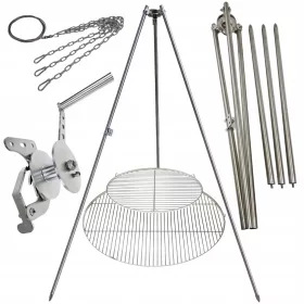    Gartengrill Dreibein 225cm Edelstahl 2 Roste 50 und 80cm Haspel Seil