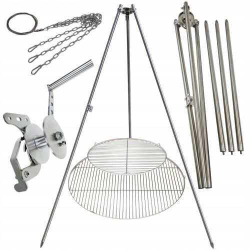  Gartengrill Dreibein 225cm Edelstahl 2 Roste 50 und 80cm Haspel Seil