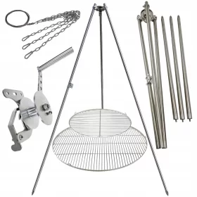    Gartengrill Dreibein 225cm Edelstahl 2 Roste 50 und 90cm Haspel Seil