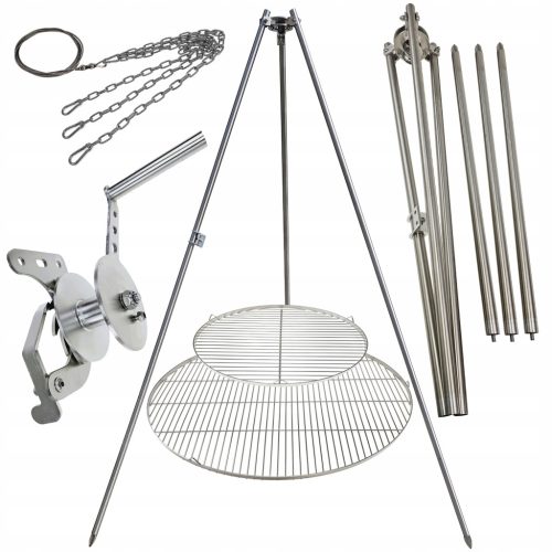  Gartengrill Dreibein 225cm Edelstahl 2 Roste 50 und 90cm Haspel Seil