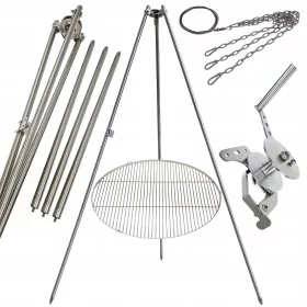    Gartengrill Dreibein 250cm Edelstahl + Rost 80cm + Haspel + INOX Seil