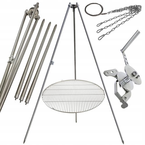  Gartengrill Dreibein 250cm Edelstahl + Rost 90cm + Haspel + INOX Seil