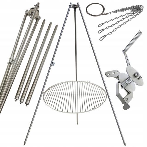  Gartengrill Dreibein 250cm Edelstahl 2 Roste 50 und 70cm Haspel Seil