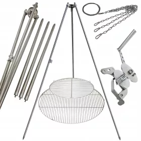    Gartengrill Dreibein 250cm Edelstahl 2 Roste 50 und 80cm Haspel Seil