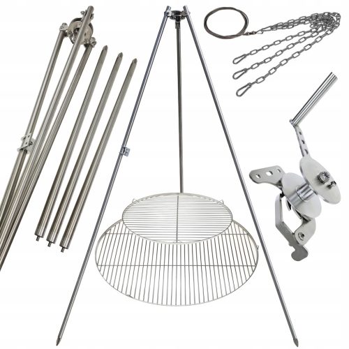 Gartengrill Dreibein 250cm Edelstahl 2 Roste 50 und 80cm Haspel Seil