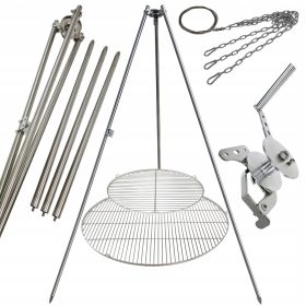    Gartengrill Dreibein 250cm Edelstahl 2 Roste 50 und 90cm Haspel Seil