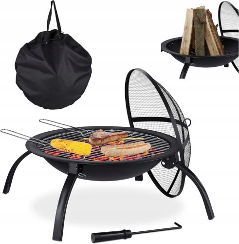  Feuerstelle mit Rostabdeckung 56,5cm Schürhaken, für Garten, Terrasse, Camping