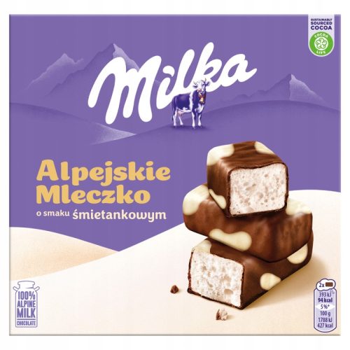 Alpenmilch Schaum mit Milka Schokolade überzogen und weißer Schokolade verziert