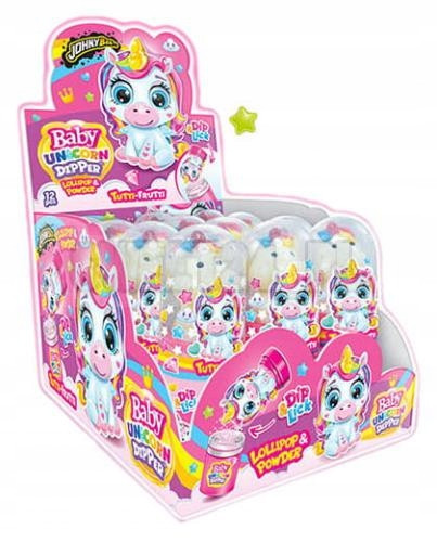 Johny Bee Baby Unicorn 3D Lutscher mit Tutti Frutti Dip, 12 Stück