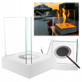   Mini Bioethanol Kamin Weiß Matt freistehend – Tischkamin mit Glas, rauchfrei, tragbar, 2 kW, 26x33x26 cm