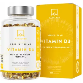   Vitamin D3 2000 IU + Extra Virgin Olivenöl für Immununterstützung - 365 Kapseln