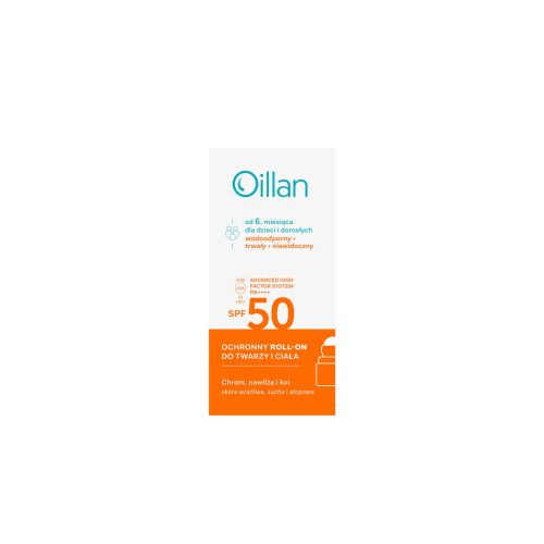 Oillan Ochronny roll-on przeciwsłoneczny do twarzy i ciała z filtrem SPF50 do skóry wrażliwej 50 ml