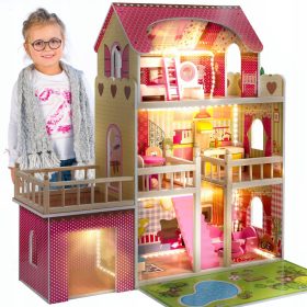   Großes Puppenhaus aus Holz, Kinderspiel-LED-Villa, XXL-Möbel, Garage, 90 cm