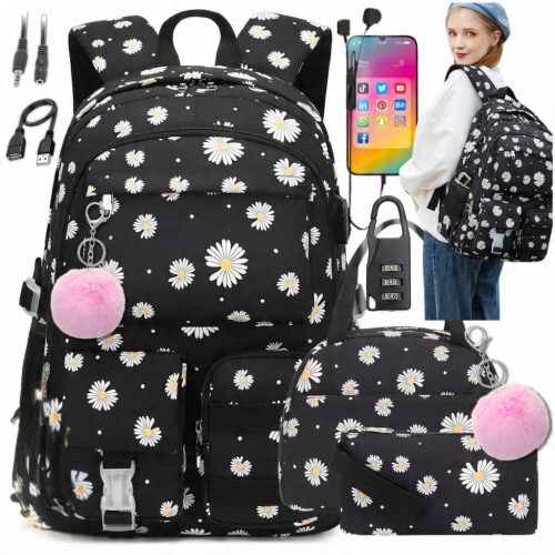 Schulrucksack-Set mit USB-Anschluss, Federmappe und isolierter Lunchtasche