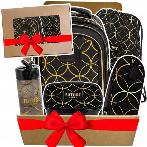 5-in-1 Schulrucksack-Set GOLDIE Schwarz mit Goldenen Mustern für Grundschulkinder