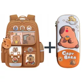 Schulrucksack und 3D Federmäppchen Set mit Kapibara Design