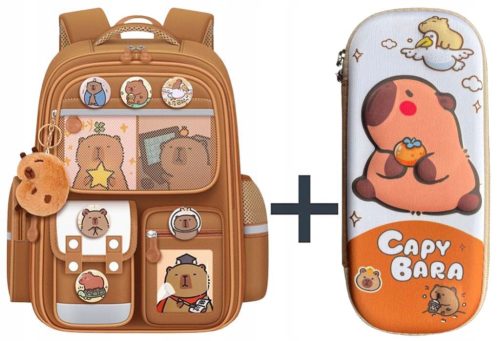 Schulrucksack und 3D Federmäppchen Set mit Kapibara Design