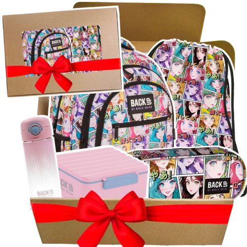 Kawaii Manga Schulset BackUP 5-teilig mit pastellfarbener Flasche und Lunchbox