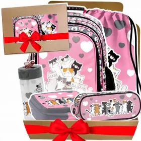   5-in-1 Schulrucksack-Set Cleo & Frank mit Katzenmotiv für Grundschülerinnen