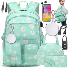   Bergens Schulrucksack 7 in 1 USB mit Federmäppchen und Lunchbox – großer Mädchenrucksack 37 l mit Blumenmotiv