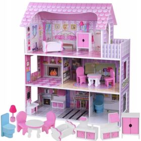   Großes Puppenhaus aus Holz, 3 Etagen, Möbel, LED-Puppe mit Fernbedienung + 4 Puppen