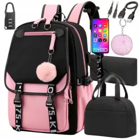   Schulrucksack 7 in 1 USB mit Federmäppchen und Lunchbox – großer Jugendrucksack 37 l für einen 15,6-Zoll-Laptop