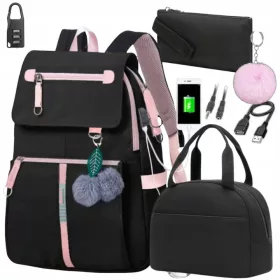   Schulrucksack 7 in 1 USB mit Federmäppchen und Lunchbox – großer Jugendrucksack 37 l für einen 15,6-Zoll-Laptop