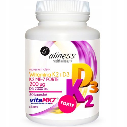 Aliness Natural Vitamin K FORTE MK-7 200µg und D3 - Einzigartige Kombination für starke Knochen und Immunsystem, 60 Kapseln