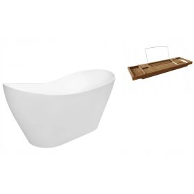    Freistehende Badewanne aus Konglomerat Besco Viya, Abfluss in der Mitte, 160 x 70 cm + VERSTELLBARES BAMBOO-BAMBOO-REGAL + ZUBEHÖR