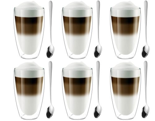 Tasse und Untertasse für Kaffee und Tee Maxxo Late Tasse 380ml Glas 400ml 6 Stk. + 6× Langer Löffel glänzend Tadar Amazon 1 Stk.