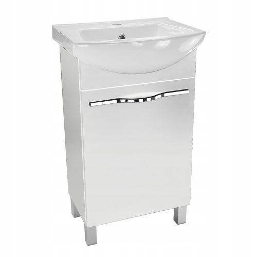 Badezimmerschrank mit Waschbecken 50 cm, stehend, weiß glänzend, Ablage, Softclose A