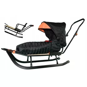    GROSSER SCHLITTEN MIT SCHIEBER, SCHLAFSACK, KABINE + RÄDERN