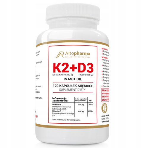 ALTOPHARMA® Vitamin K2 MK-7 200µg und D3 100µg 4000IU in MCT Öl - 120 Kapseln