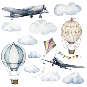  Wandaufkleber Flugzeuge Wolken Luftballons 100x100cm