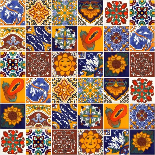 Quadratische Cerames-Fliese 10,5 x 10,5 cm in Rottönen, Blautönen, Orangetönen, Gelbtönen und Goldtönen