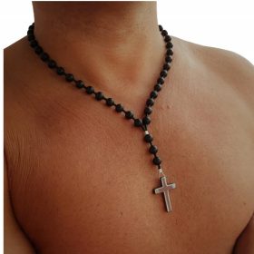    HERREN-HALSKETTE IM ROSENKRANZ-STIL, mattierter Onyxstein, modisches Accessoire HIT